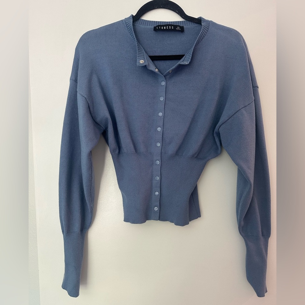 Lioness Dusty Blue Button-Front Ribbed Waist Knit Cardigan